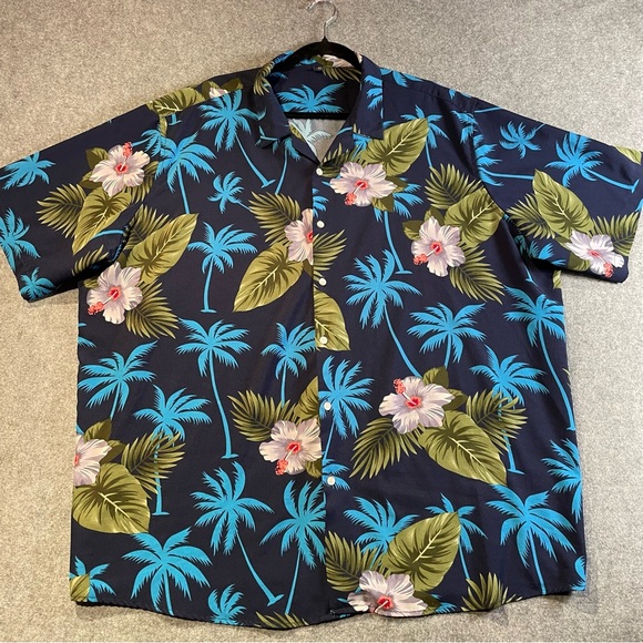 Design In Italy Luxury Hawaiian Shirt Size 3x Navy & Turquoise w/ White Hibiscus - Picture 1 of 10